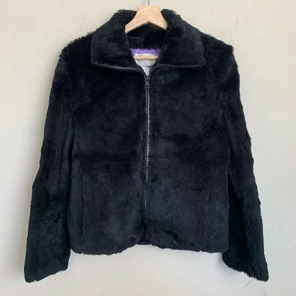 Vintage Hugo Buscati Black Jacket Genuine Rabbit Fur Collared Zippered w/Pockets